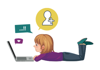 Comicfigur Mädchen liegend mit Computer und Gedankenblasen