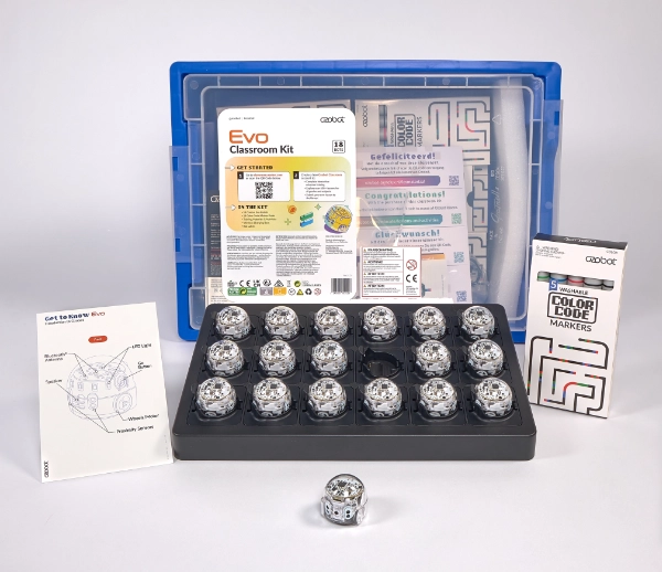 Ozobot Evo Classroom Kit mit 18 Robotern, Kiste mit Lernmaterial und eine Packung Farbstifte