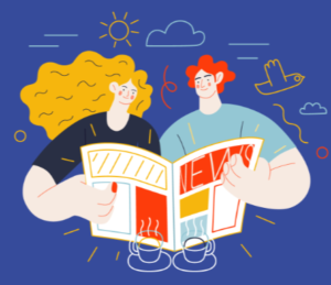 Grafik: Zwei Erwachsene schauen in eine Zeitung